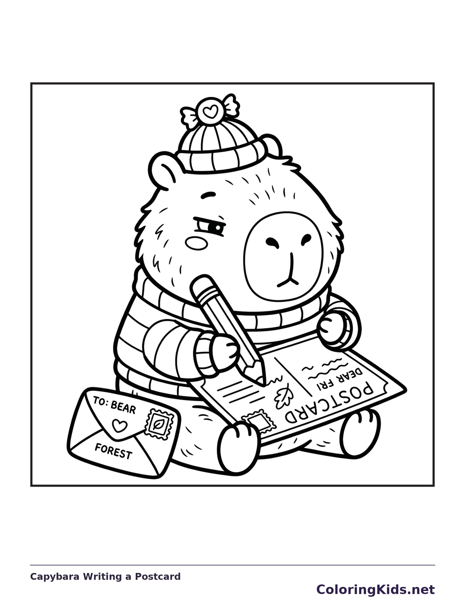 Black and white printable capybara writing a postcard coloring sheet
