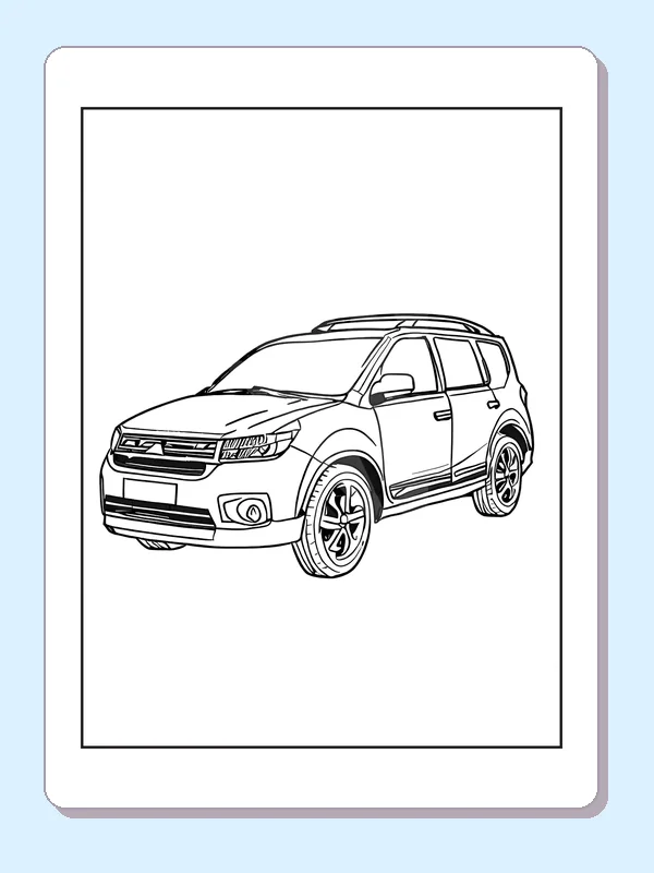 Boxy SUV with bold wheels, black-and-white printable coloring page