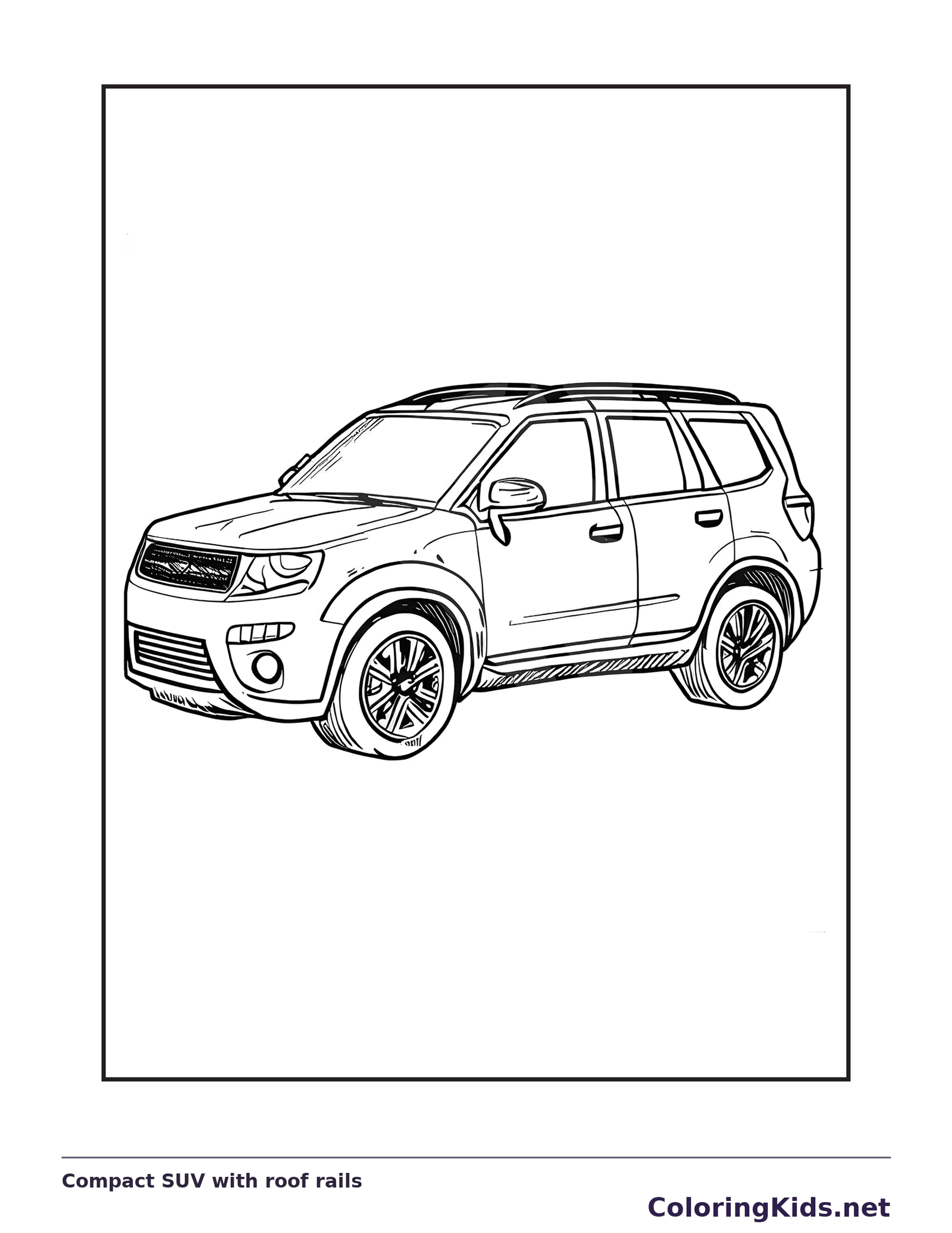 Compact SUV with roof rails, black-and-white printable coloring page