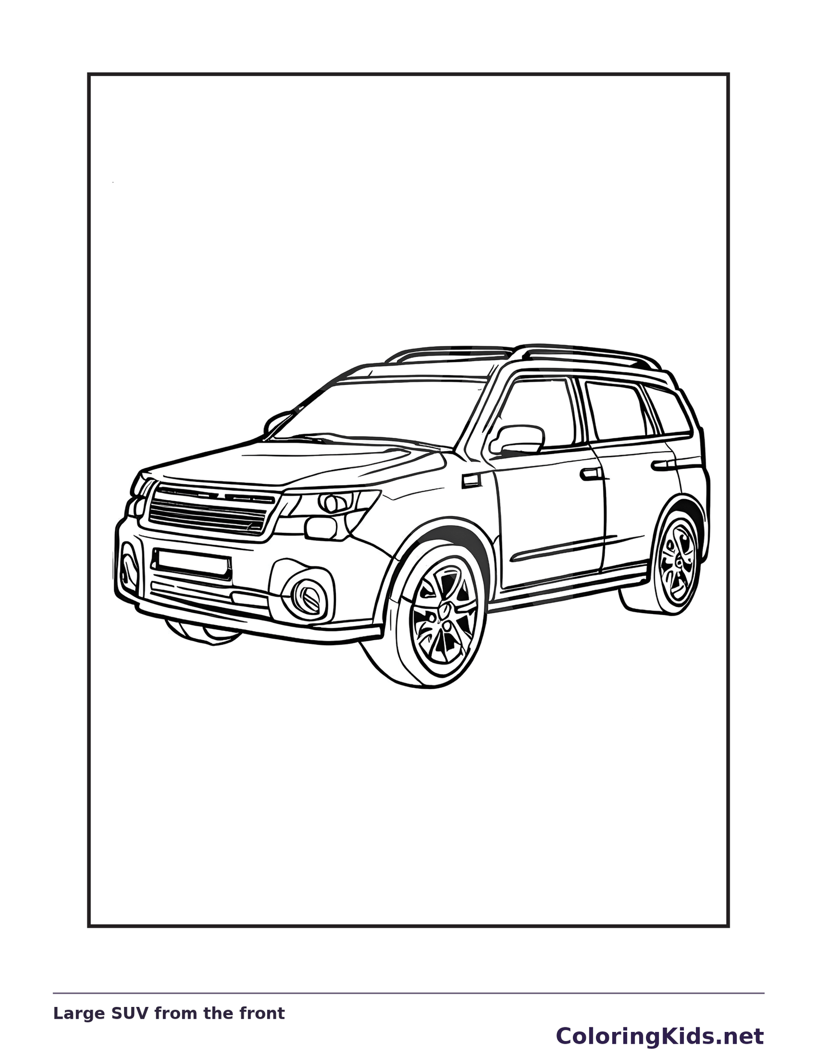 Large SUV from the front, black-and-white printable coloring page