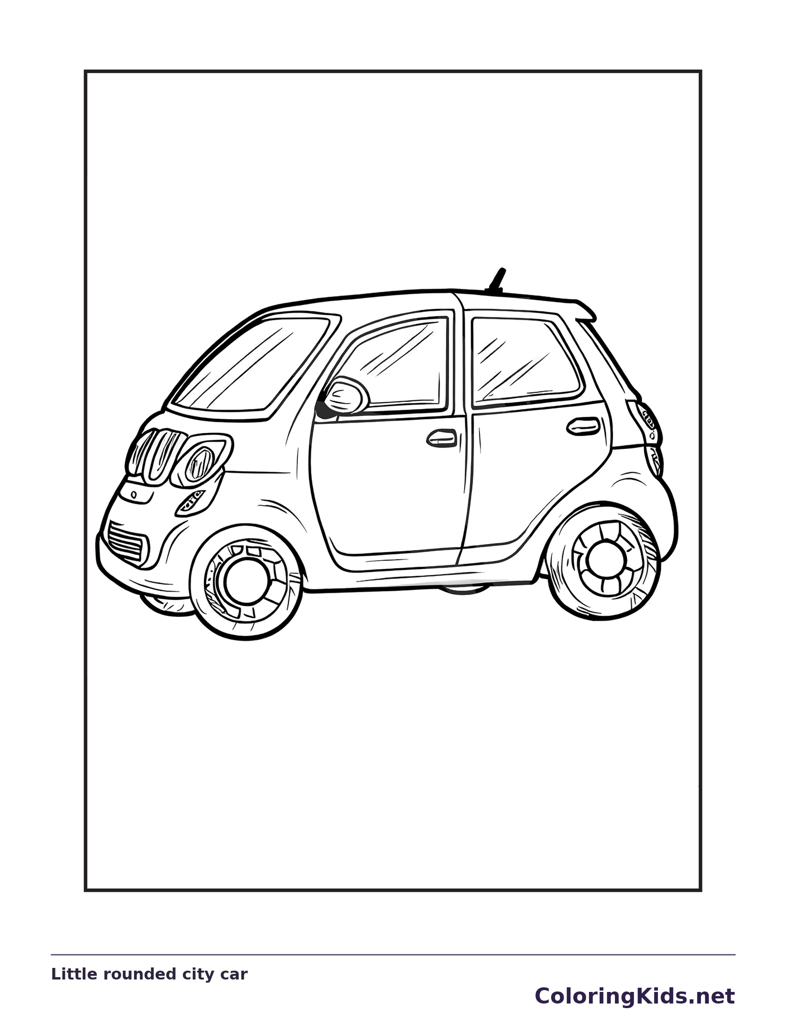 Little rounded city car, black-and-white printable coloring page