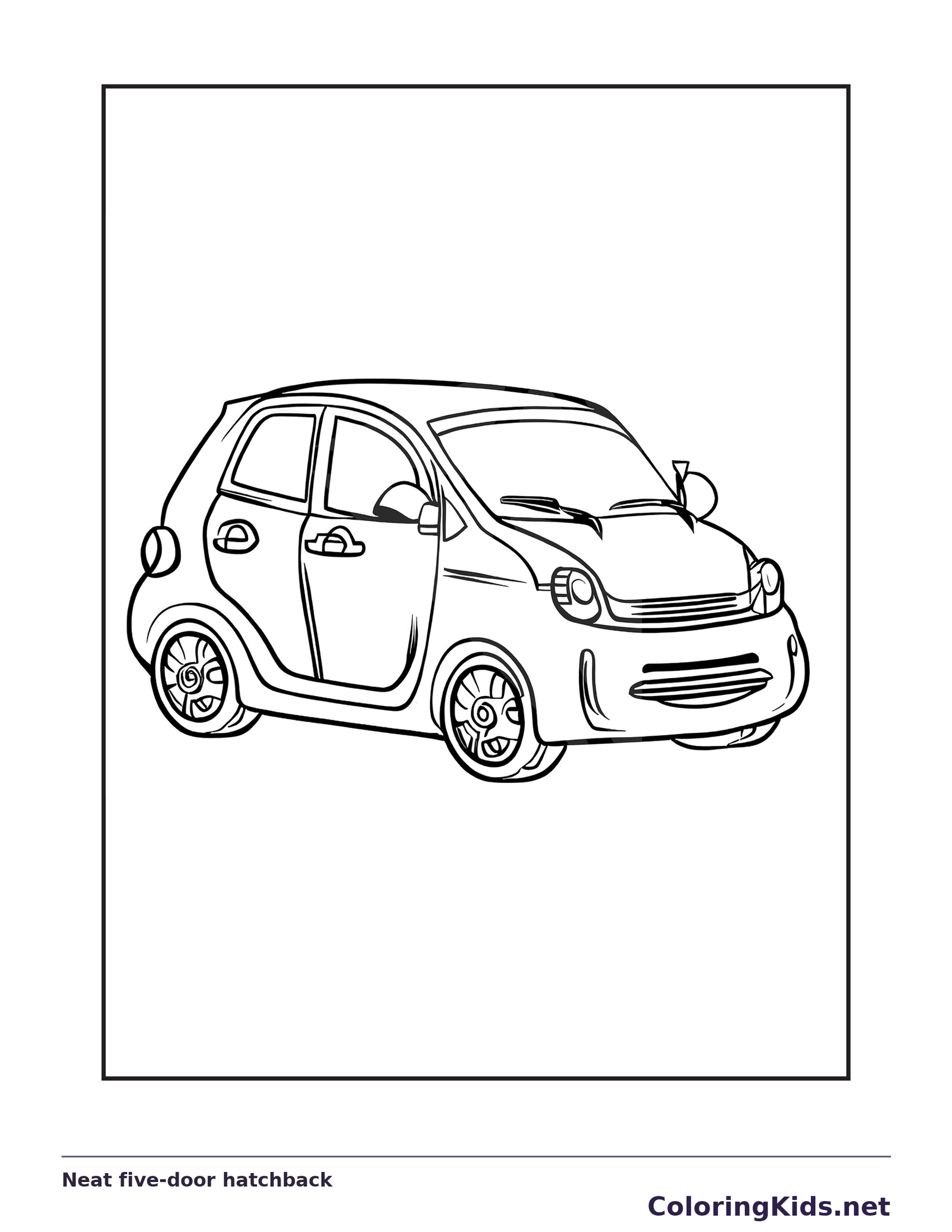 Neat five-door hatchback, black-and-white printable coloring page