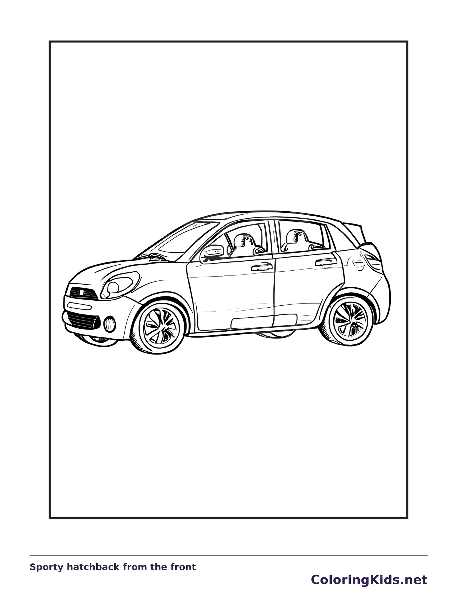 Sporty hatchback from the front, black-and-white printable coloring page