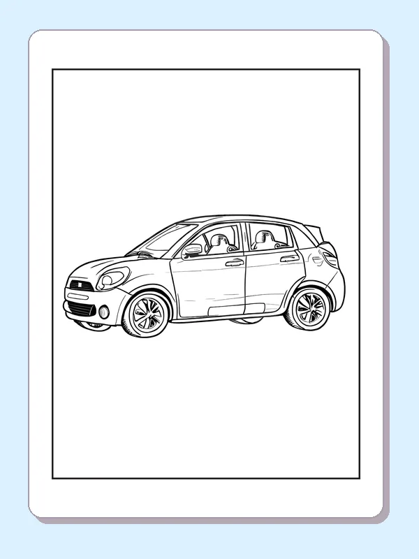 Sporty hatchback from the front, black-and-white printable coloring page