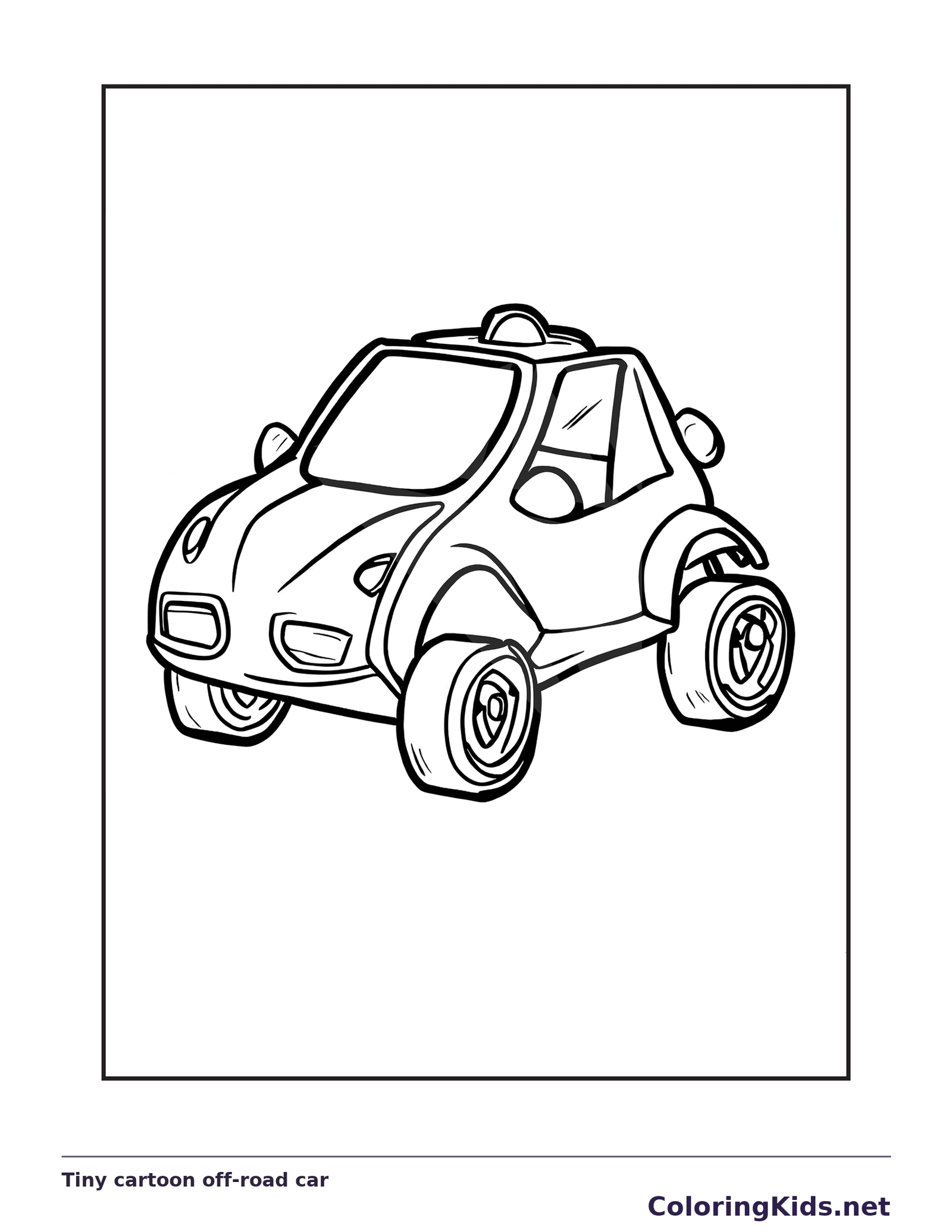 Tiny cartoon off-road car, black-and-white printable coloring page