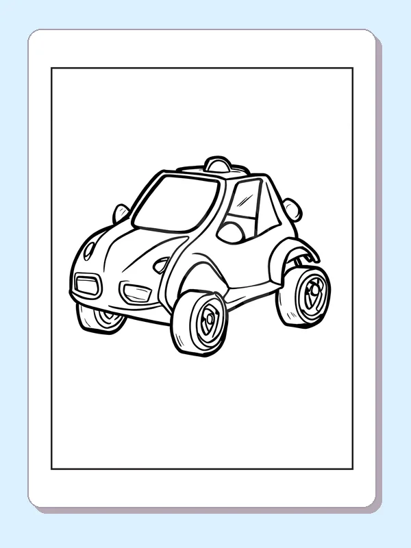Tiny cartoon off-road car, black-and-white printable coloring page