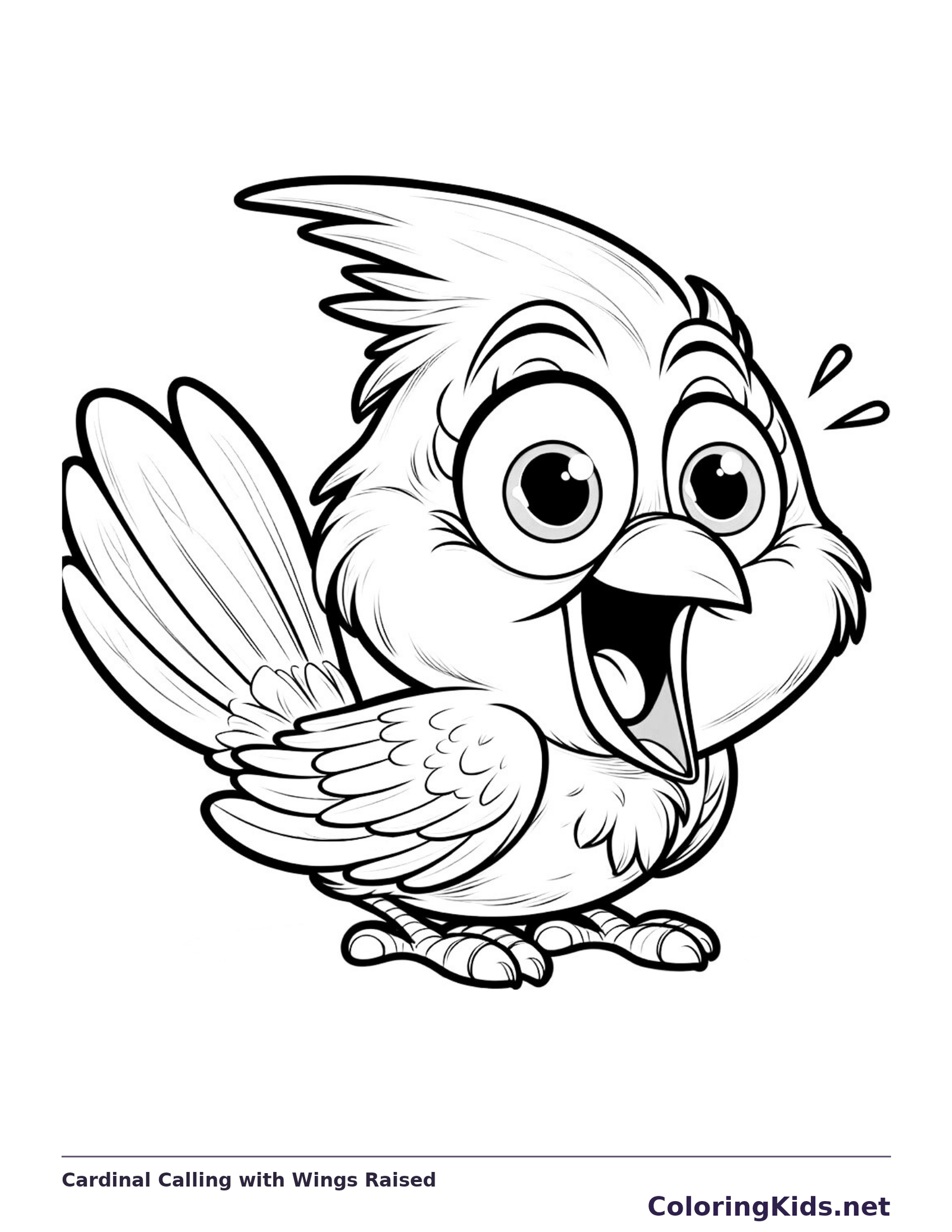 Calling crested bird with one wing and tail raised