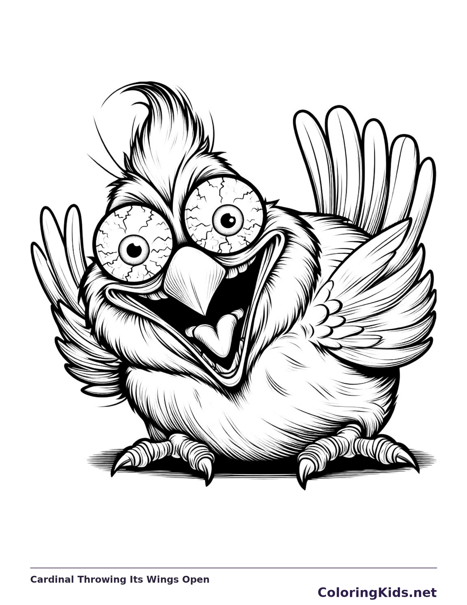 Crested cartoon bird calling with both wings open