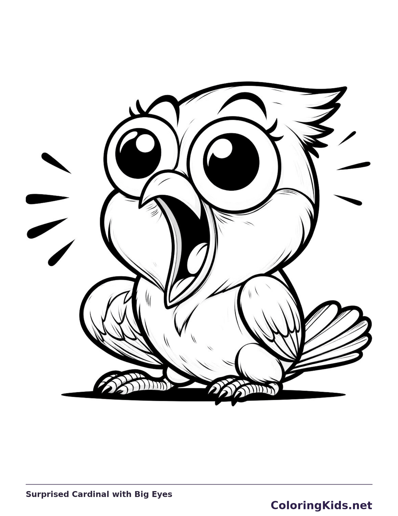 Surprised bird with huge eyes and open beak