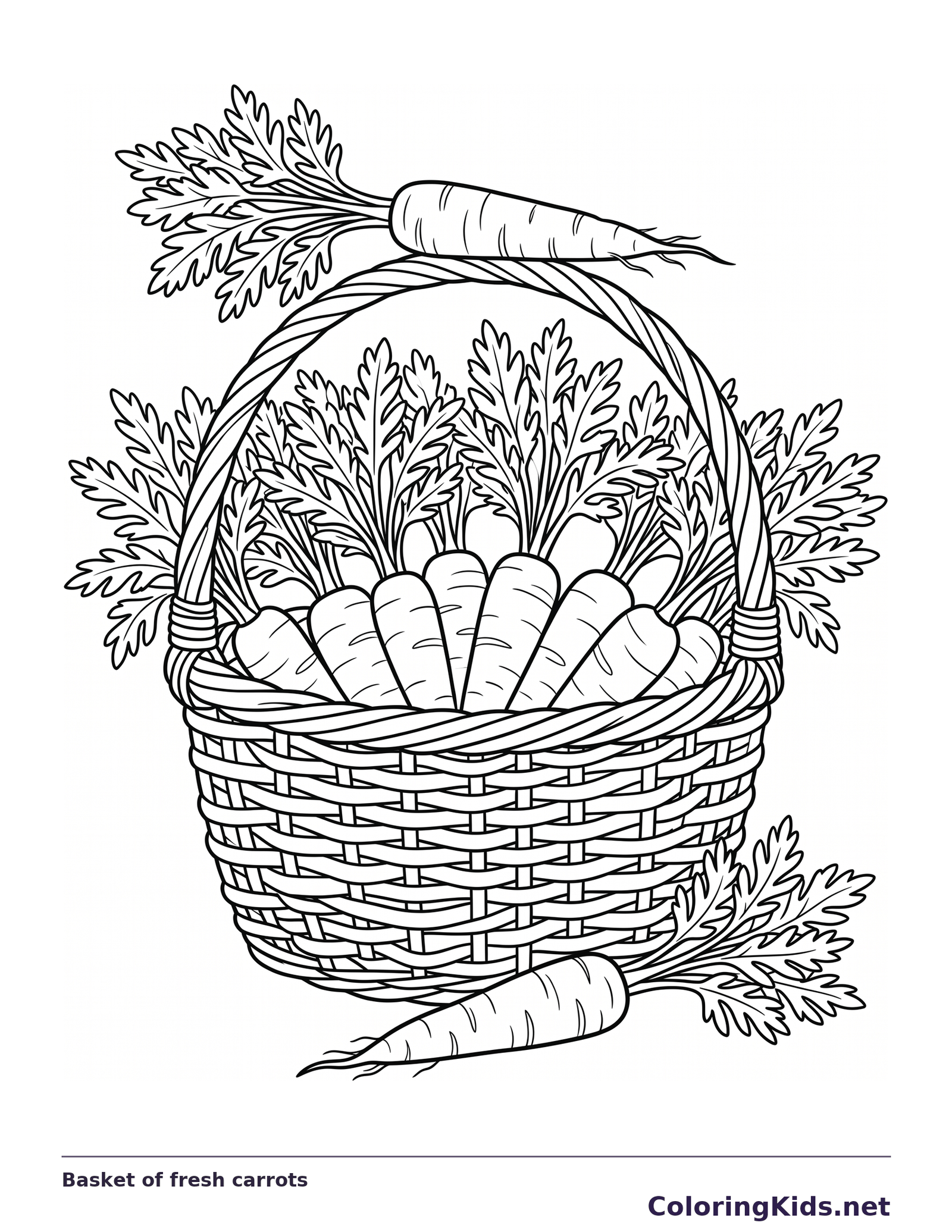 Basket of fresh carrots carrot coloring page, black and white line art to print or color online