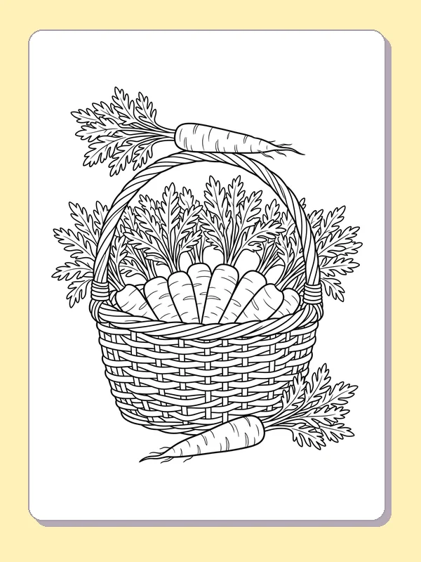 Basket of fresh carrots carrot coloring page, black and white line art to print or color online