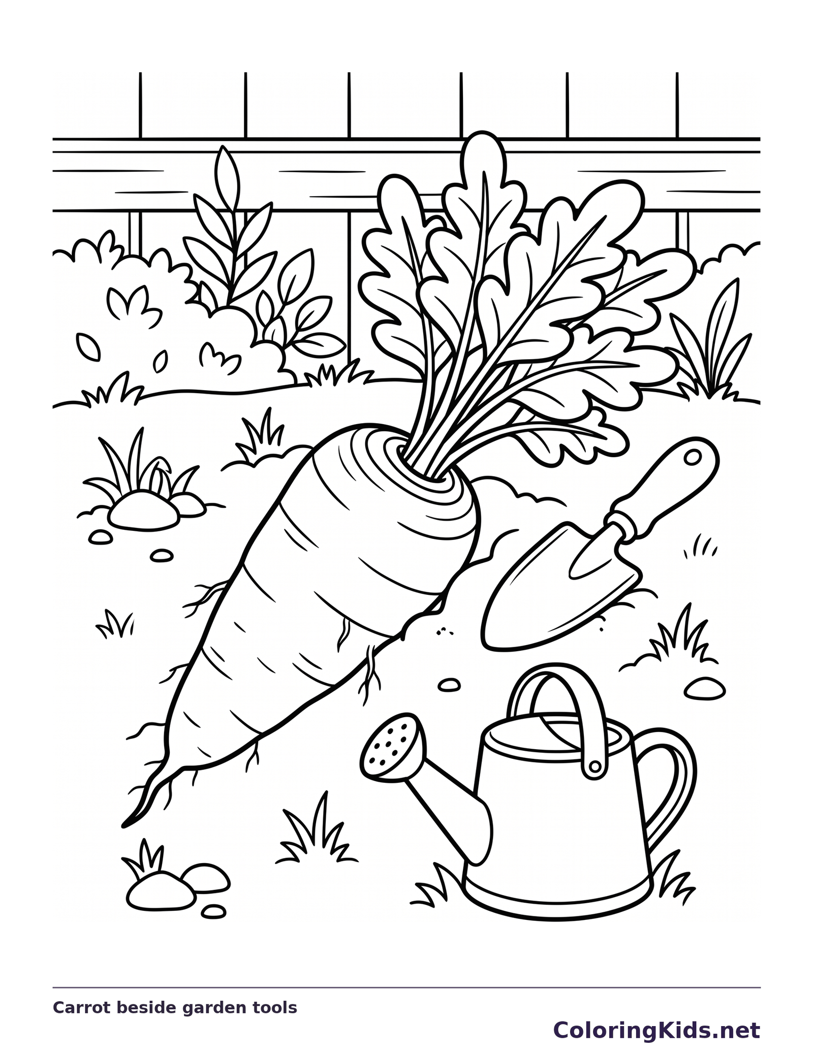 Carrot beside garden tools carrot coloring page, black and white line art to print or color online