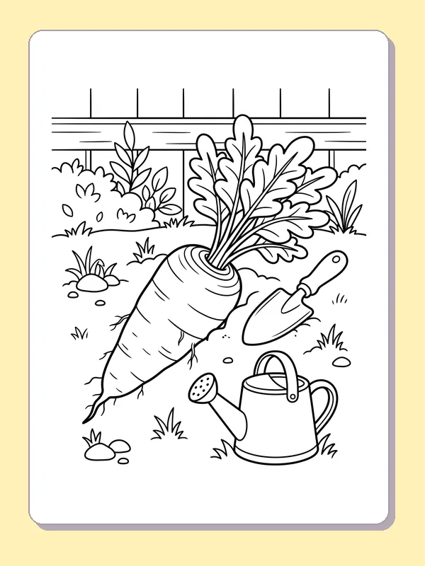 Carrot beside garden tools carrot coloring page, black and white line art to print or color online