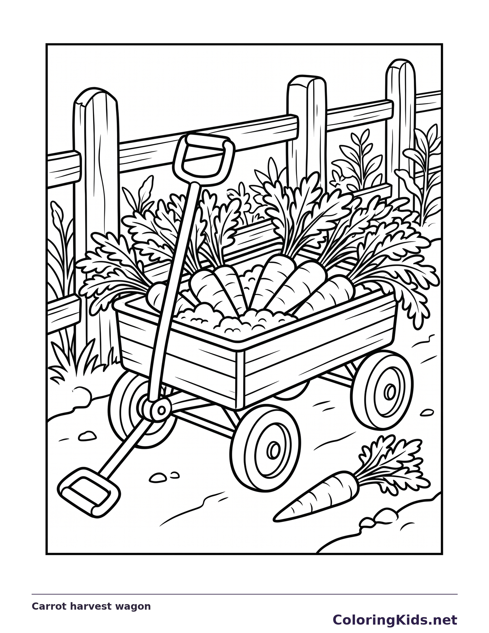 Carrot harvest wagon carrot coloring page, black and white line art to print or color online