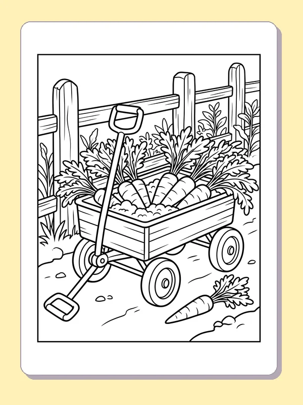 Carrot harvest wagon carrot coloring page, black and white line art to print or color online
