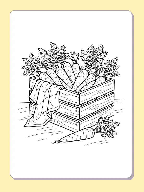 Carrots in a market crate carrot coloring page, black and white line art to print or color online
