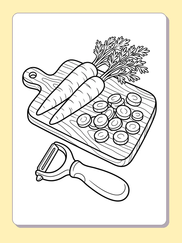 Carrots on a cutting board carrot coloring page, black and white line art to print or color online