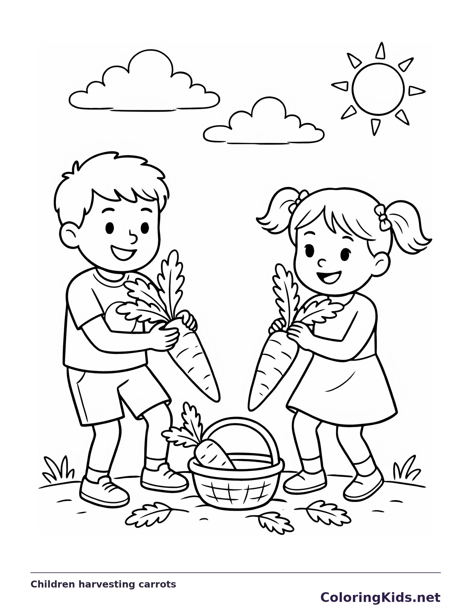 Children harvesting carrots carrot coloring page, black and white line art to print or color online