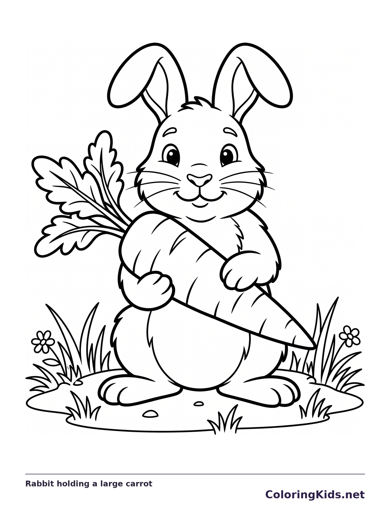 Rabbit holding a large carrot carrot coloring page, black and white line art to print or color online