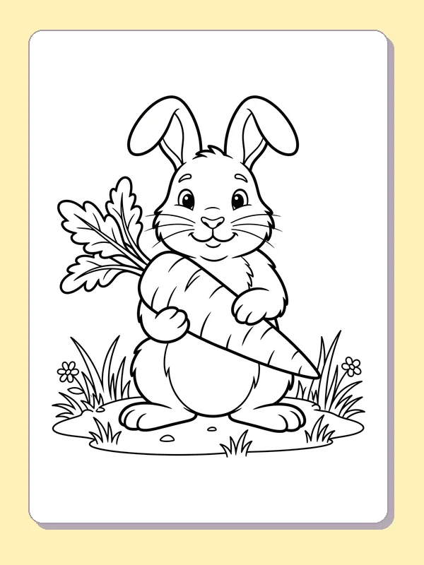 Rabbit holding a large carrot carrot coloring page, black and white line art to print or color online
