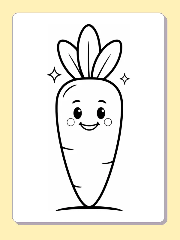 Smiling carrot with sparkles carrot coloring page, black and white line art to print or color online