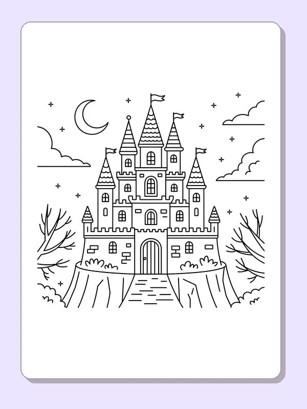 Black and white printable castle on raised rock coloring sheet
