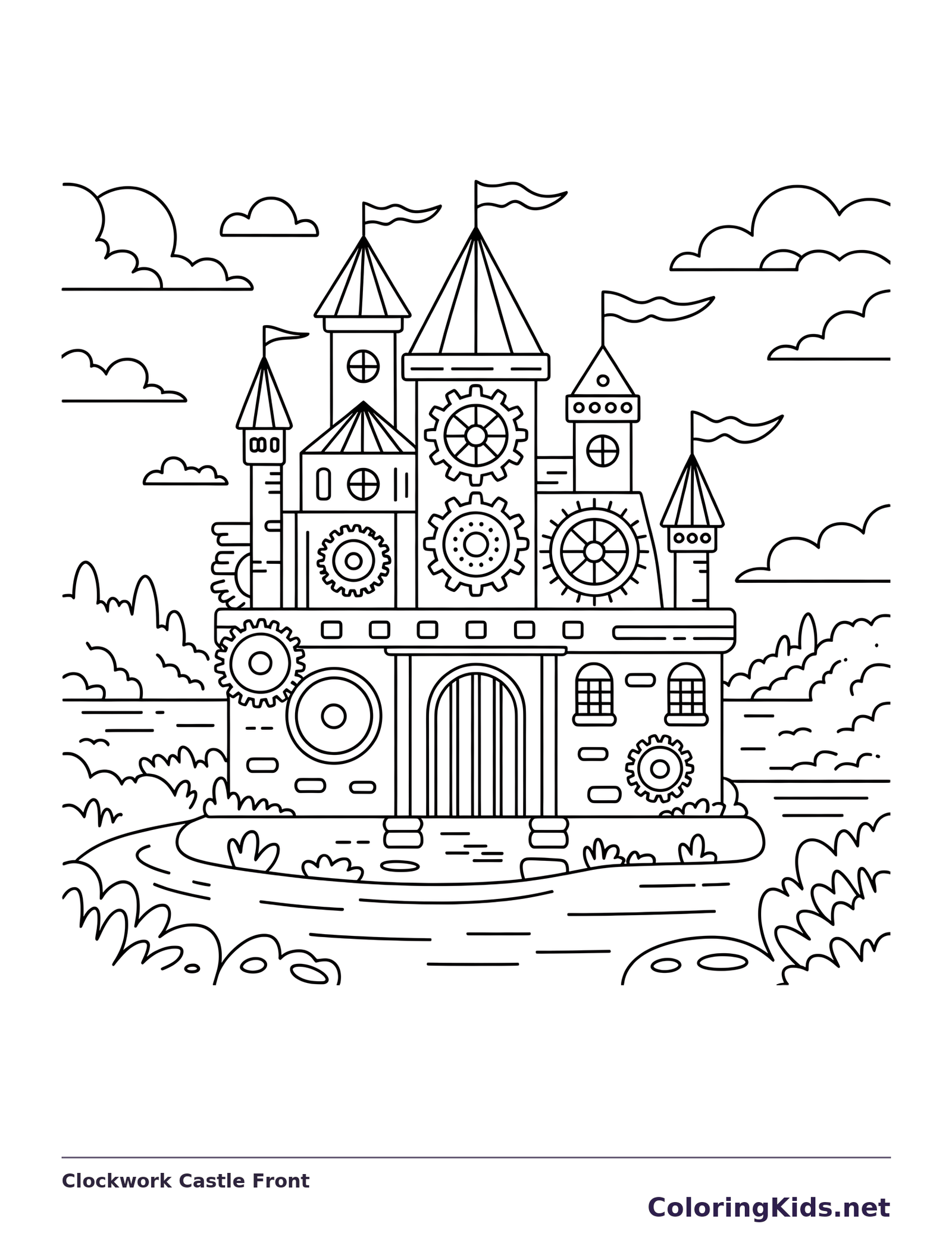 Black and white printable clockwork castle front coloring sheet