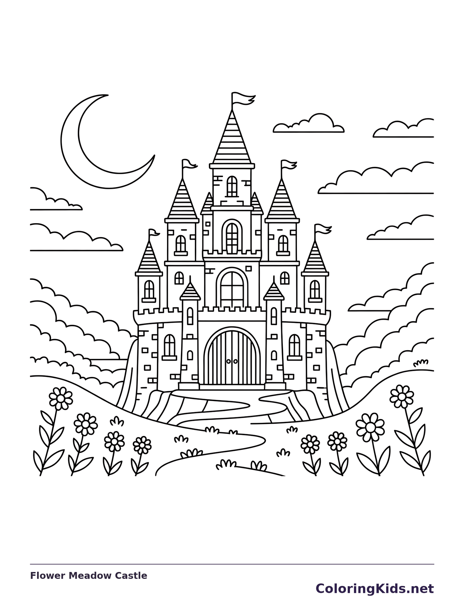 Black and white printable flower meadow castle coloring sheet