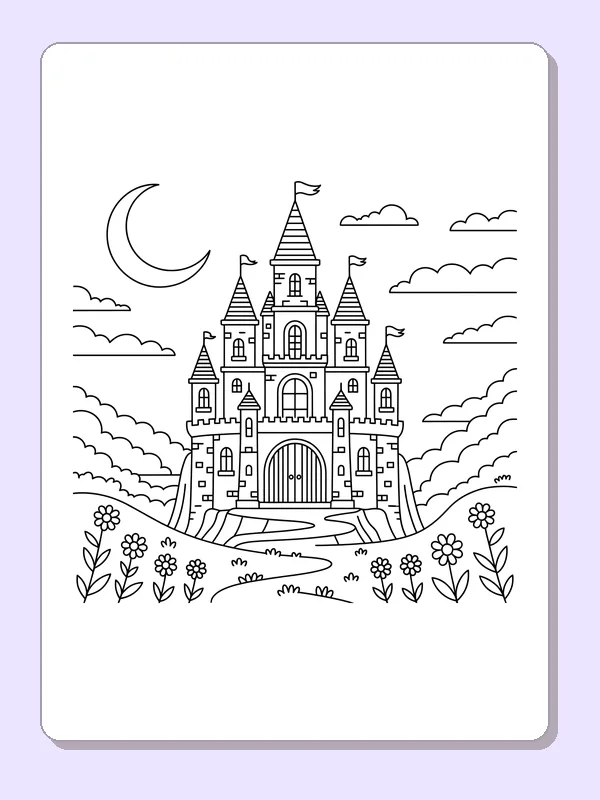 Black and white printable flower meadow castle coloring sheet