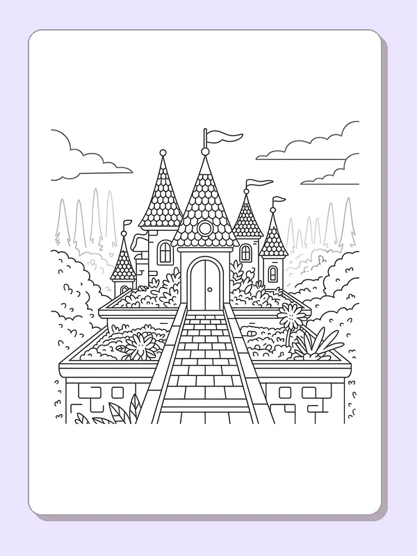 Black and white printable garden steps castle coloring sheet