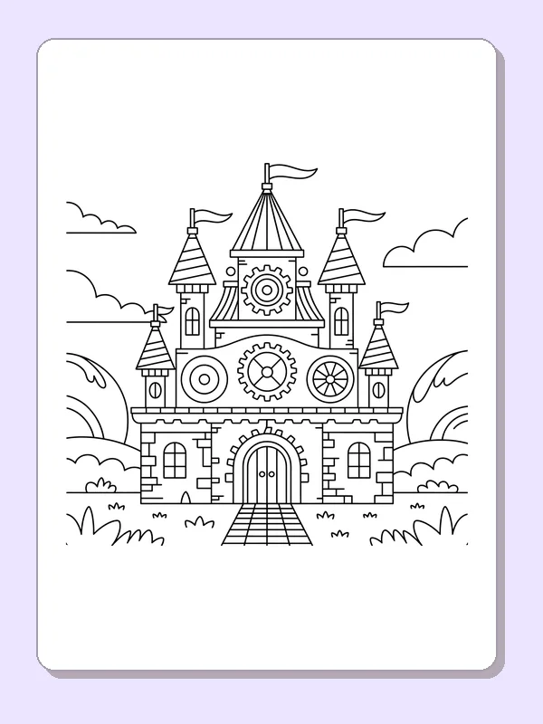 Black and white printable gatehouse with big gears coloring sheet