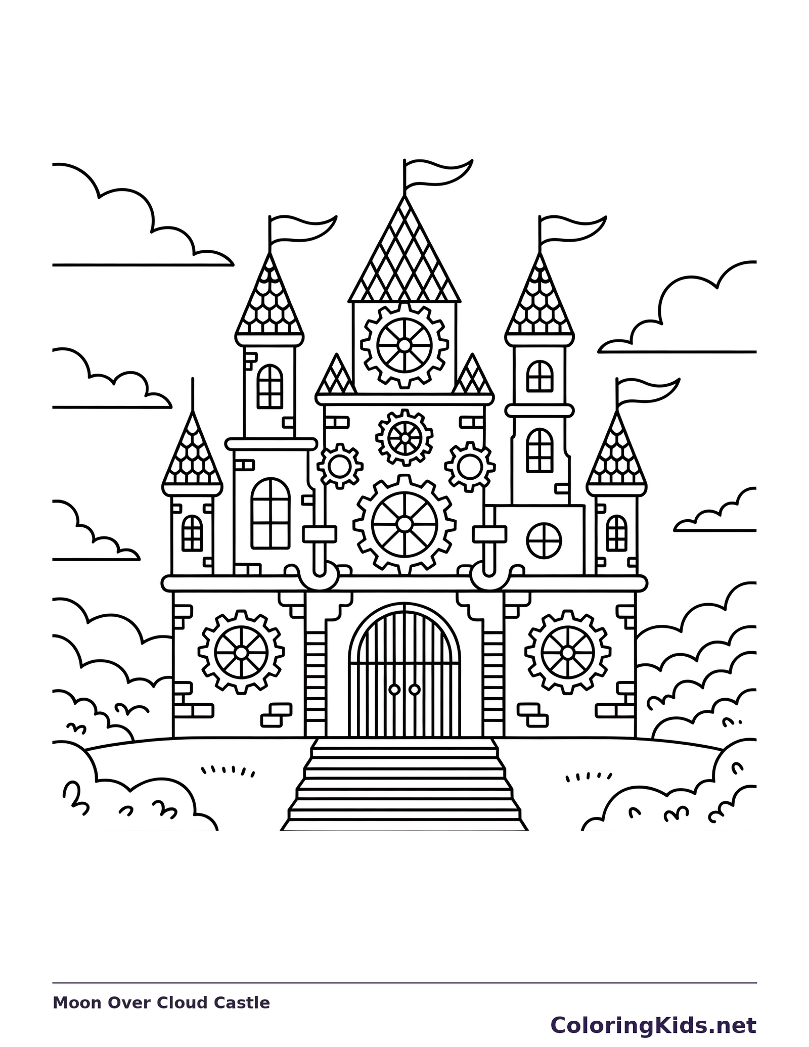 Black and white printable moon over cloud castle coloring sheet