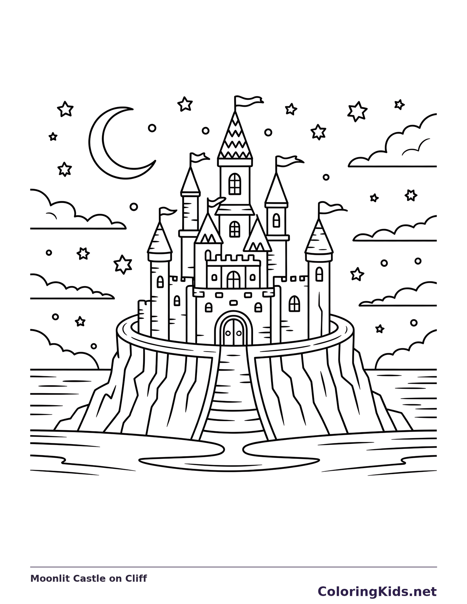 Black and white printable moonlit castle on cliff coloring sheet