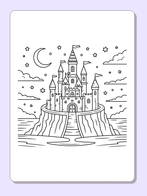 Black and white printable moonlit castle on cliff coloring sheet