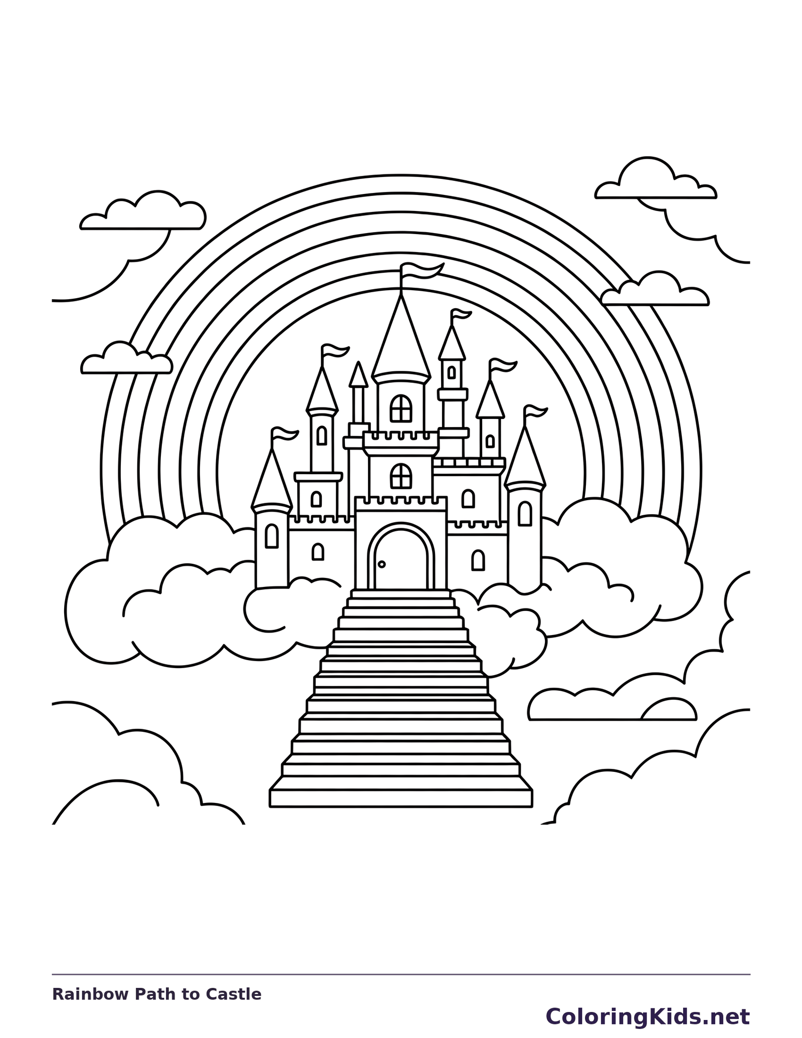 Black and white printable rainbow path to castle coloring sheet