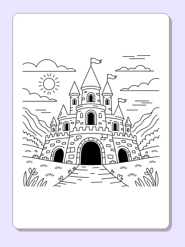 Black and white printable round gate castle coloring sheet