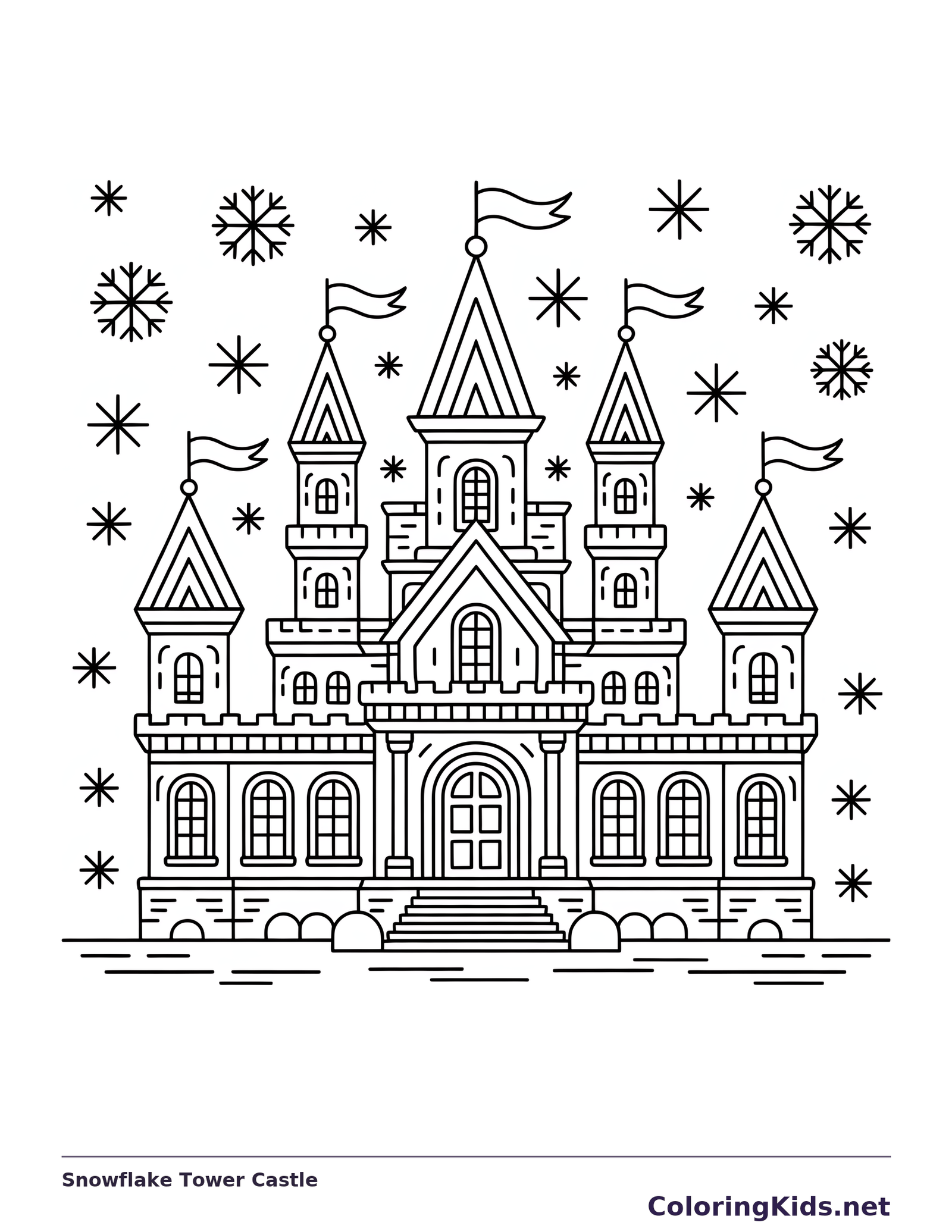 Black and white printable snowflake tower castle coloring sheet