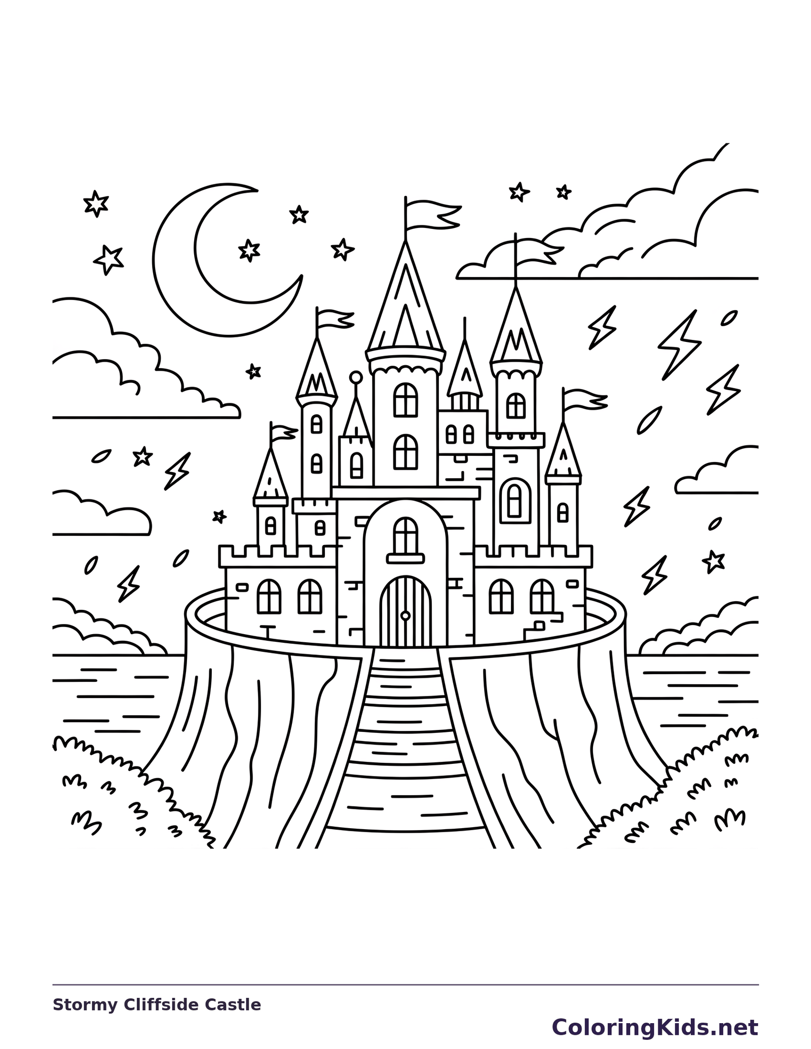 Black and white printable stormy cliffside castle coloring sheet