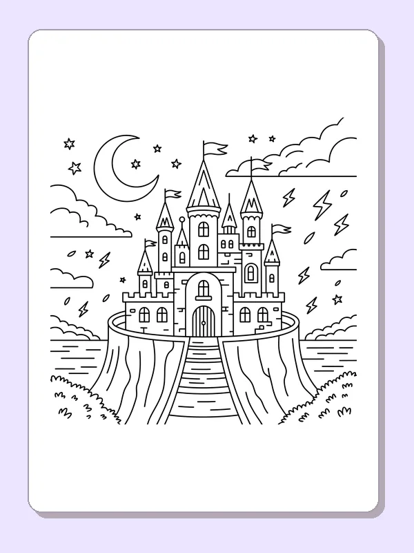 Black and white printable stormy cliffside castle coloring sheet