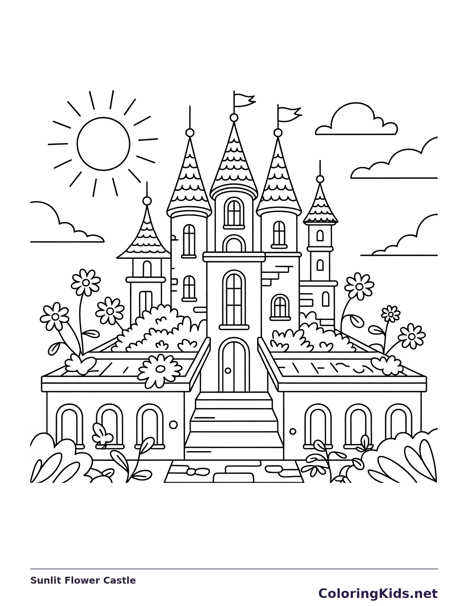 Black and white printable sunlit flower castle coloring sheet