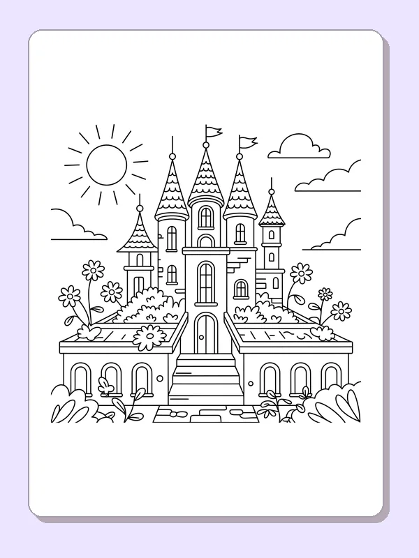 Black and white printable sunlit flower castle coloring sheet