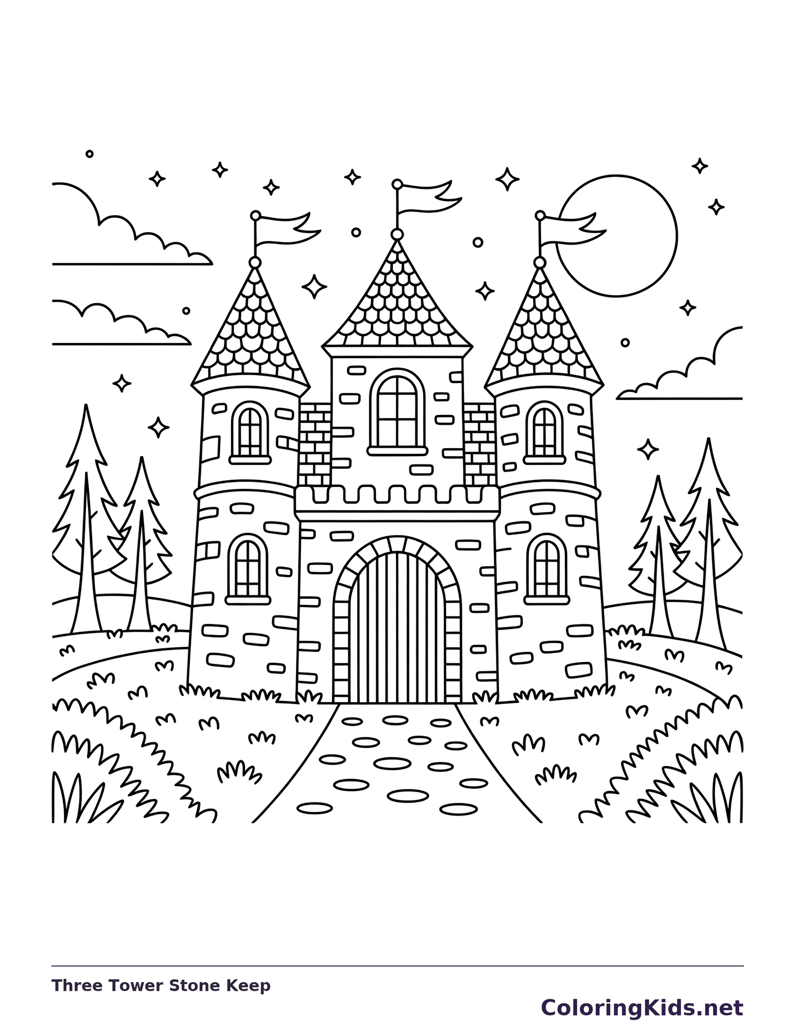 Black and white printable three tower stone keep coloring sheet