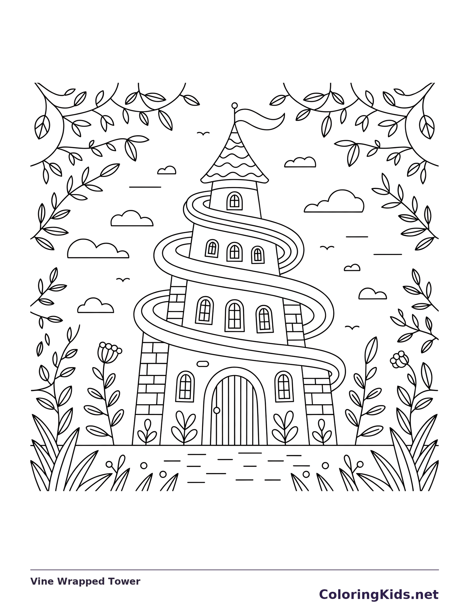 Black and white printable vine wrapped tower coloring sheet