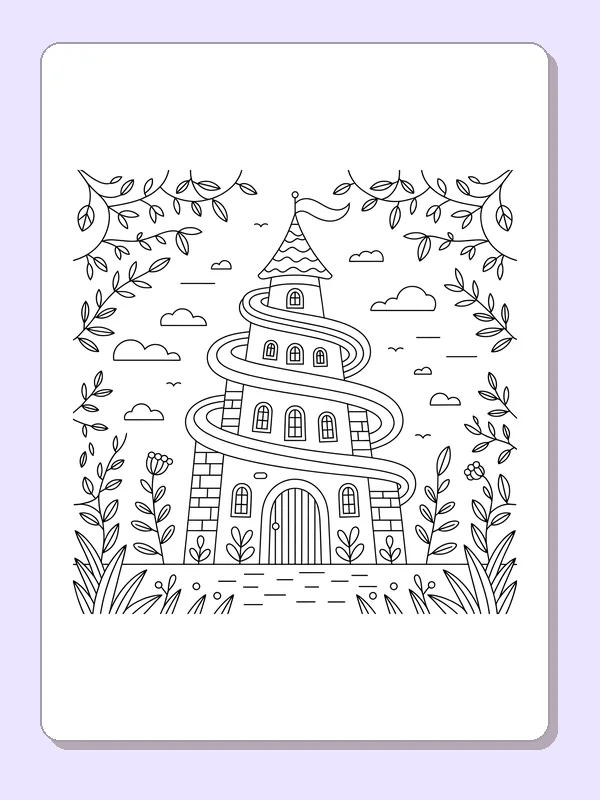 Black and white printable vine wrapped tower coloring sheet