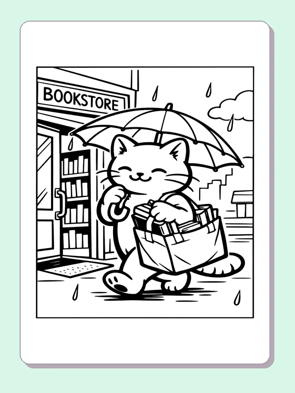 Bookshop Cat Under an Umbrella printable coloring page showing a cat carries books in a shopping bag while walking under an umbrella in the rain in black and white outlines