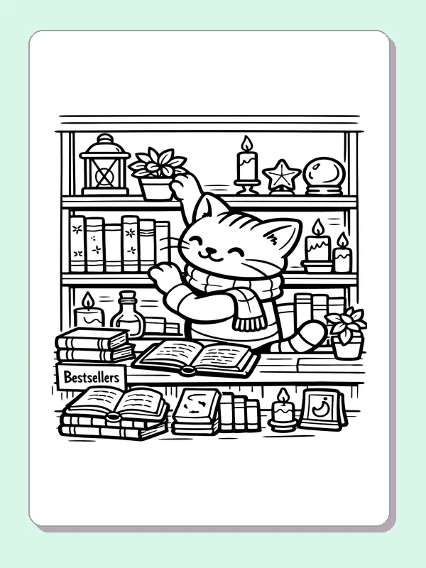 Cat at the Bookshop Counter printable coloring page showing a cat stands among books, bottles, flowers and a small counter sign in black and white outlines