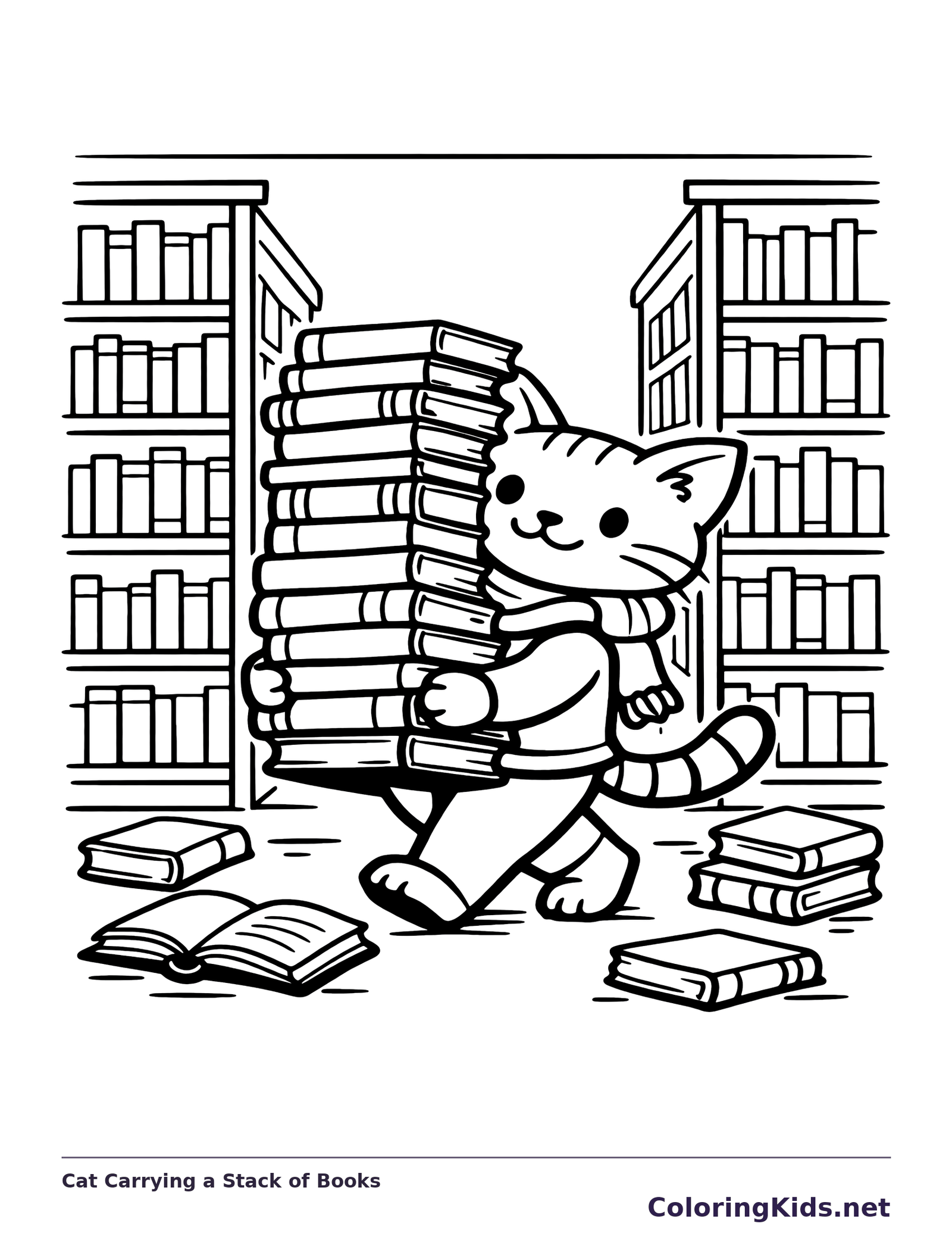 Cat Carrying a Stack of Books printable coloring page showing a smiling cat balances a tall stack of books beside the shop shelves in black and white outlines