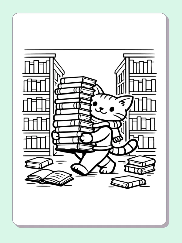 Cat Carrying a Stack of Books printable coloring page showing a smiling cat balances a tall stack of books beside the shop shelves in black and white outlines