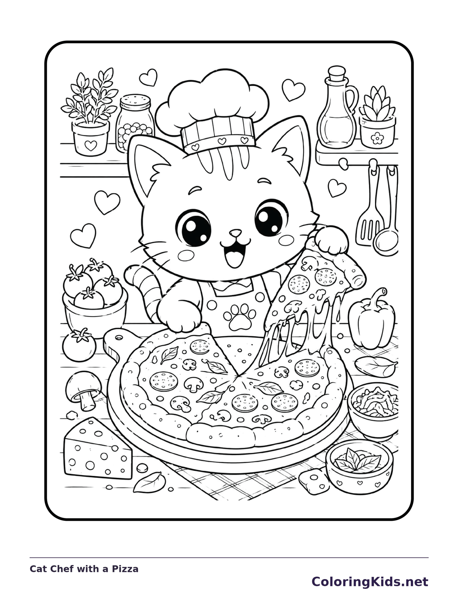 Cat Chef with a Pizza printable coloring page showing a cat in a chef hat presents a large pizza on a kitchen table in black and white outlines