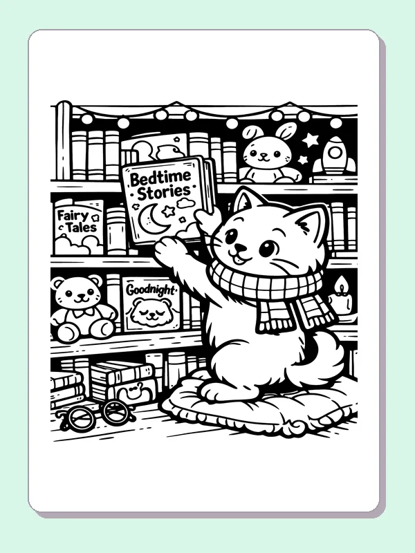 Cat Choosing a Bedtime Story printable coloring page showing a scarfed cat holds a bedtime-story book before shelves with toys and other titles in black and white outlines